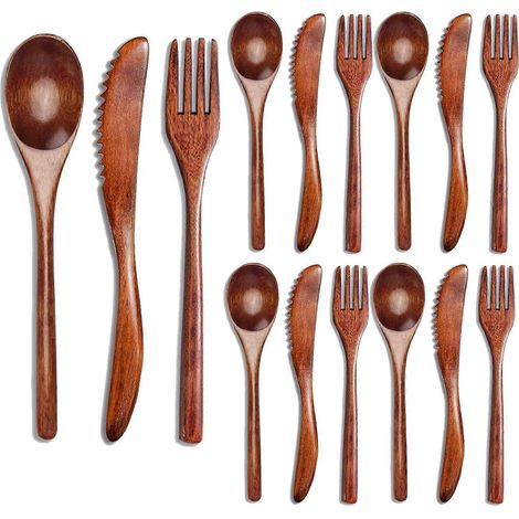 [KK] Ensemble de couverts en bois de 15 pièces (cuillère, fourchette, couteau) pour la table et la cuisine. (1/5)