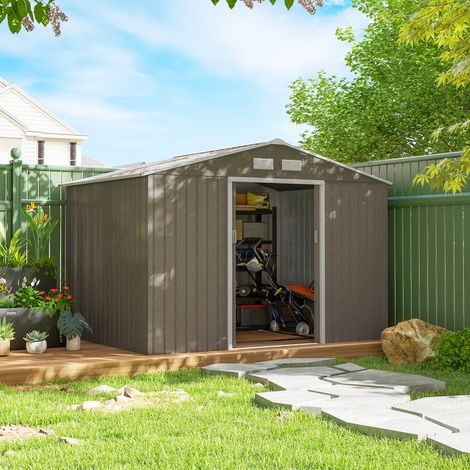 Gartenhaus 4,9 m² (277 x 195 x 192 cm) mit 2 Schiebetüren, Schrägdach und 4 Fenstern in Holzoptik