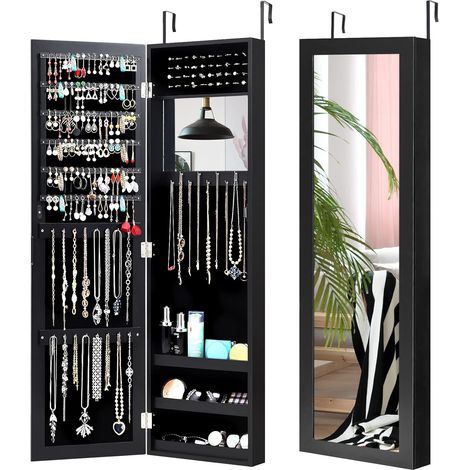 COSTWAY Armario para Joyas con Espejo de Puerta, Organizador de Joyas con Espejo de Cuerpo Entero, Espejo de Maquillaje Incorporado, Ganchos y 3 Estantes de Almacenamiento (Negro) (1/5)