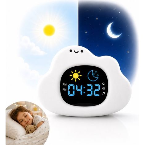 Entraîneur de sommeil nuage pour enfants - Réveil et veilleuse - Dimmable - 9 couleurs - Rechargeable USB-C (1/5)