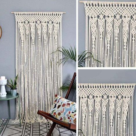 Rideau en macramé - PZCC - Tenture murale - Fait main - 180 x 90 cm - Fil de coton naturel (1/4)