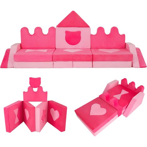 Canapé de jeu rose modulable en mousse dense 14 pièces avec housses lavables et blocs d'escalade pour maison et aire de jeux (1/5)