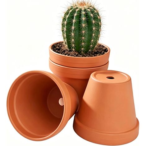 Lot de 4 Pots de Fleurs en Terre Cuite Ø 14 cm - avec Trou de Drainage - Petits Pots en Argile pour Bricolage - Réutilisables - pour Chambre, Bureau, intérieur et Jardin (1/5)