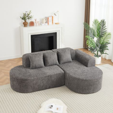 MODFU – Canapé d'angle chenille – Méridienne droite et design arrondi Wabi-Sabi – Mousse ferme et 3 coussins – Salon – Gris anthracite (1/5)