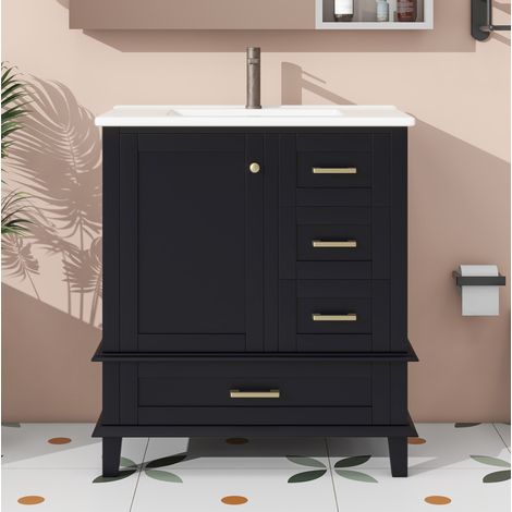 Mobile bagno sotto lavabo con lavabo in ceramica e 3 ante 73x45,5x83,5 cm, nero (1/5)