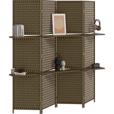 Paravent intérieur séparateur de pièce 4 panneaux 2 étagères bois de pin tressée fibres de papier 181 x 180 cm marron