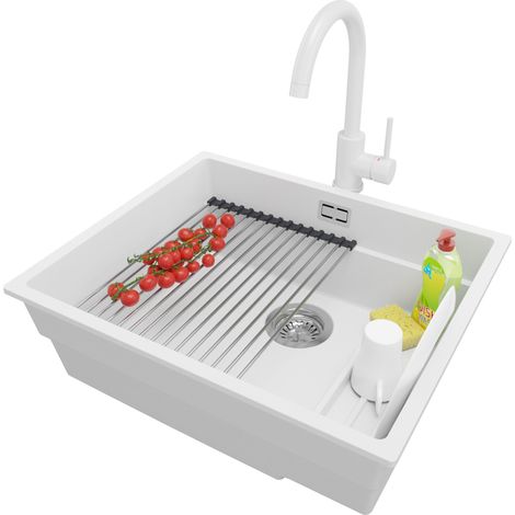 PRIMAGRAN Evier Sous Plan 56x47cm, Evier en Granit 1 bac + Robinet 32x20cm + Kit de Vidage + Égouttoir Enroulable, Évier au meuble 60cm - Prague, Blanc (1/5)