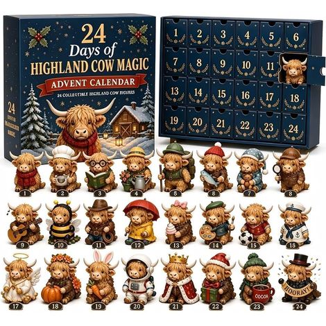 Compte à Rebours de Noël 2026, Calendrier Vache Highland 3D, 24 Figurines Relief à Suspendre, Décor d'Ornements Festifs, Idée Cadeau pour Fan de Vaches (1/5)