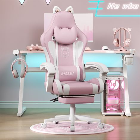 Xhomrattan Ergonomischer Gaming-Stuhl mit Katzenohren für Mädchen und Erwachsene, höhenverstellbarer Computer-Gaming-Stuhl mit Kopfstütze und Massage-Lendenwirbelstütze (Weiß und Rosa)