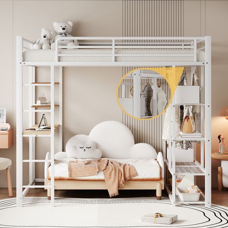Lit mezzanine avec échelle et bureau, équipé d'une tringle à vêtements simple avec compartiments de rangement, blanc, 90 × 200 cm (1/5)