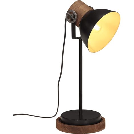 Lampe de table industrielle E27 25 W, fer et bois de manguier noir, 17 x 17 x 45-50 cm - PANGIVO (1/5)