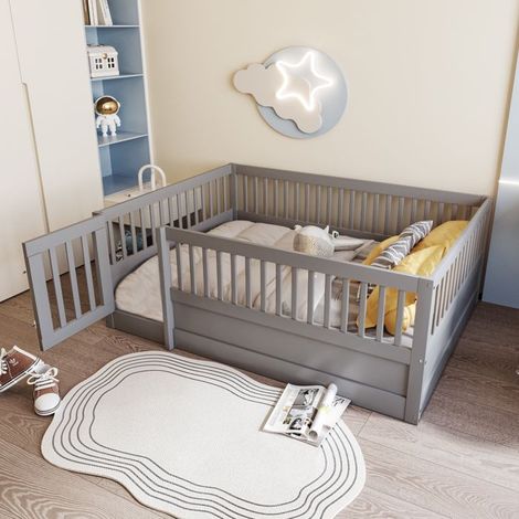 Lit enfant coffre 140 x 200 cm avec barrière et porte, gris — cadre bois sans matelas (1/5)