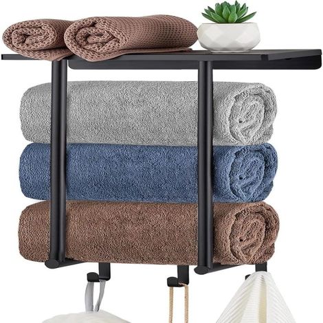 Toallero de pared para baño, con estante metálico y 3 ganchos. Capacidad para hasta 3 toallas enrolladas grandes (40 x 30 cm). Color negro. (1/5)