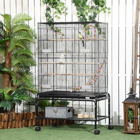Cage Oiseaux Roues Volière Métallique Mangeoires Perchoirs Jouets Perruches Animaux Compagnie Noir 79x49x133cm