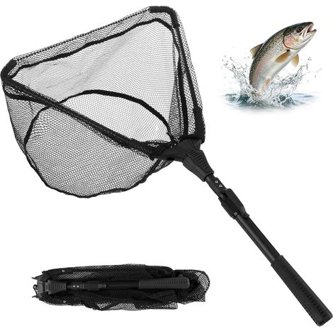 Épuisette de pêche - En caoutchouc - 40 x 30 cm - Pliable en deux parties - 90 cm - Avec cadre en aluminium - Pour la pêche à la truite, au salmon, à la carpe, aux basses (1/5)