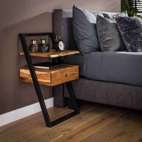M&S – Table de chevet 1 tiroir en acacia et métal noir – Dimensions 45x35x77 cm – Fixation murale pour stabilité – Design flottant moderne
