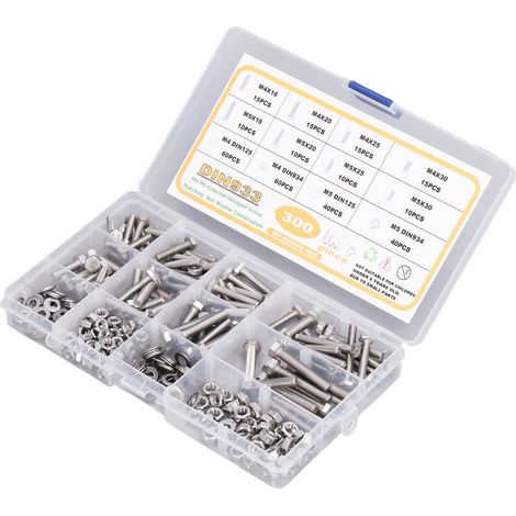 300 pièces de boulons hexagonaux M4 M5 DIN933 en acier inoxydable, écrous DIN934 et rondelles DIN125 pour la réparation de meubles, de machines et d'instruments. (1/5)