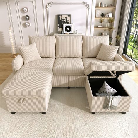 Divano angolare modulare 3 posti con 2 pouf contenitori, beige DESVIAE (1/5)