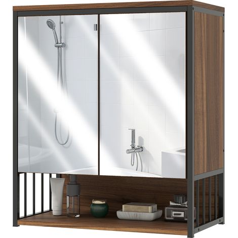 Armoire murale salle de bain avec miroir meuble salle de bain avec compartiment ouvert porte à fermeture amortie marron (1/5)