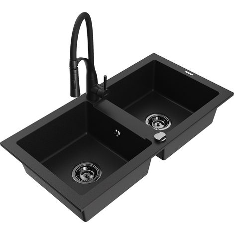 Mexen Mario lavello da cucina in granito a 2 vasche con miscelatore Aster, nero - 6504-77-73450-70-B (1/5)