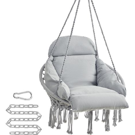 Fauteuil Suspendu, Chaise avec Coussin, Déco Maison Cocooning, Bohème, Chambre, Terrasse, Balcon, Jardin, Capacité 120 kg, Accessoires Inclus, Gris Tourterelle (1/5)