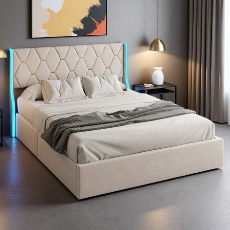 Cama con cofres 140x190 cm terciopelo beige - LED integrada - almacenamiento hidráulico