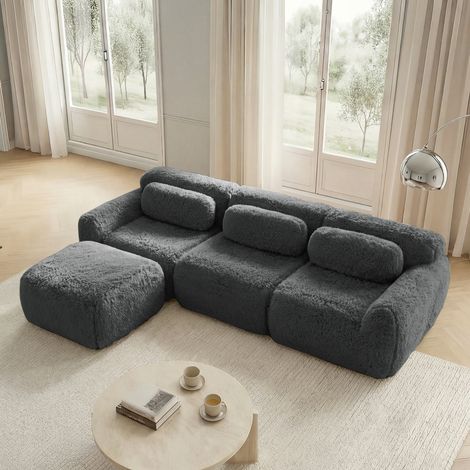 Canapé modulaire d’angle gris en tissu pelucheux sans montage avec coussins (1/5)