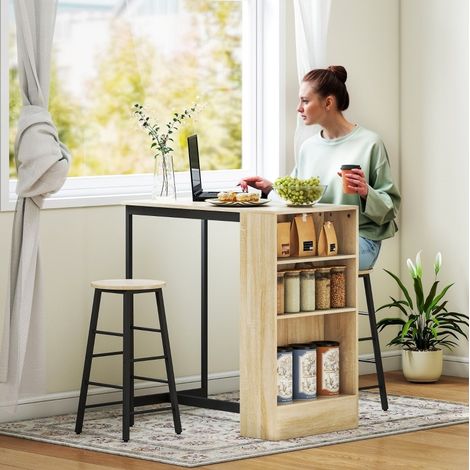 Set de mesa alta con 2 taburetes y almacenamiento, 3 piezas, acero y efecto roble (1/5)