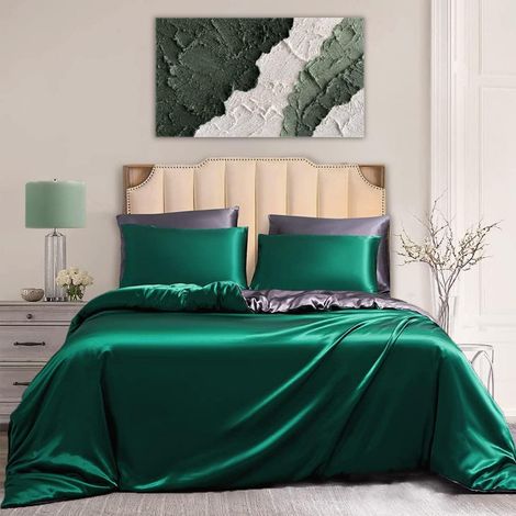 Parure de lit Damas Satin 200x220cm Vert Gris Housse de couette réversible avec fermeture éclair