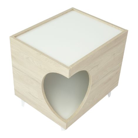 Skraut Home - Mesita mascotas Ellie Roble/Blanco, orificio entrada lateral, 1 puerta. Mesa auxiliar, casa para gatos y perros, caja de arena, mesita de noche, para salón y baño (1/5)