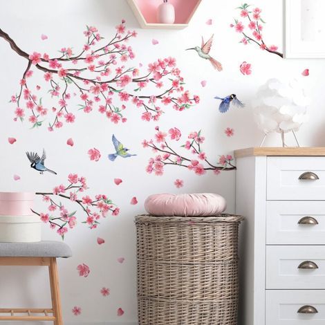 Wandtattoos mit rosa Kirschblüten, floralen Motiven, Zweigen, Ranken und Vögeln – ideal für Schlafzimmer, Wohnzimmer und Fenster. (1/4)