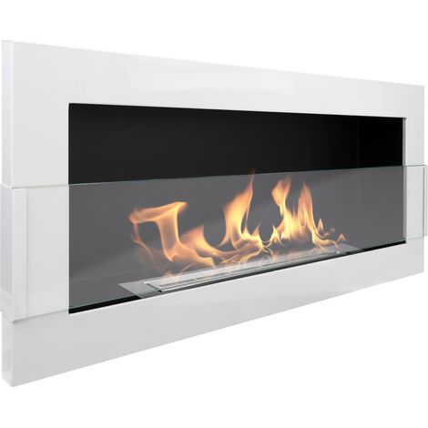Bioethanol Wandkamin 90 × 40 cm mit Sicherheitsglas, TÜV-Brenner 0,75 l, Weiß Hochglanz