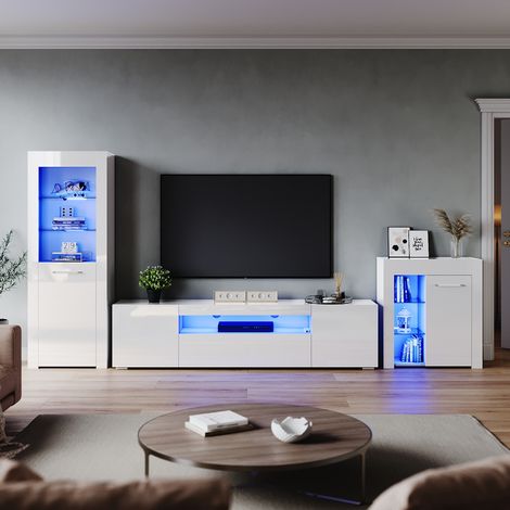 ELEGANT Living Room Home Furniture Set 2000mm LED TV Unit Stand Display Cabinet Sideboard with 16 color RGB LED Lights Storage Unit in White High Gloss Style 1 (1/5)