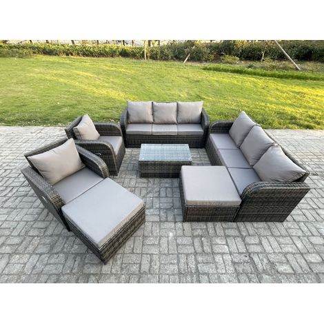 Fimous Polyrattan Gartenmöbel Set 10-Sitzer Garten Sofa im Freien Set mit Couchtisch 2 hohen Hockern Dunkelgrau Gemischt (1/5)
