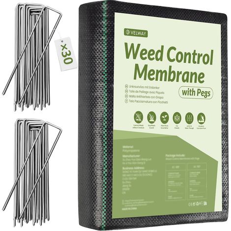 Velway Toile de Paillage 2x5m + 30 Piquets - Géotextile 100g/m2 Anti-Mauvaises Herbes - Kit Complet Jardin - Noir (1/5)