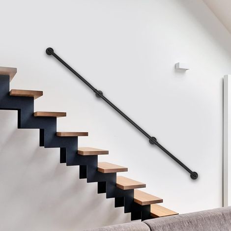Main courante pour escaliers 244 cm, rampe d'escalier intérieure - Main courante murale galvanisée industrielle antidérapante - Dispositif à bride noire (1/5)