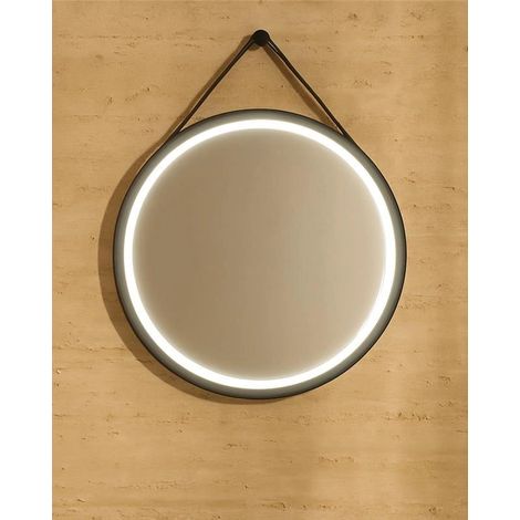 Exagonshop Specchio 70 cm illuminato con cintura in ecopelle nero