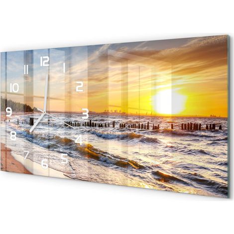 Horloge Murale Design Original 60x30 cm Verre Trempé Silencieuse Salon Coucher du soleil sur la plage (1/5)