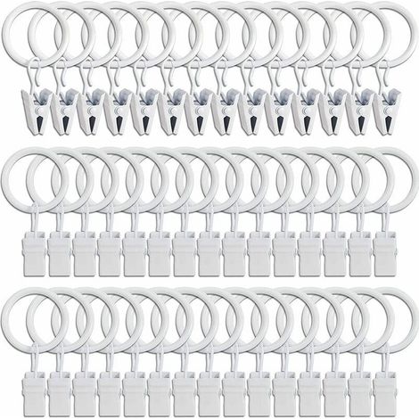 45 Gardinenringe mit Clips – Weiß, robuste Gardinenclips, Befestigungshaken für Spannstangen, dekorative Haken für Gardinen und Fensterrahmen mit Metallloch-Innendurchmesser (1/4)