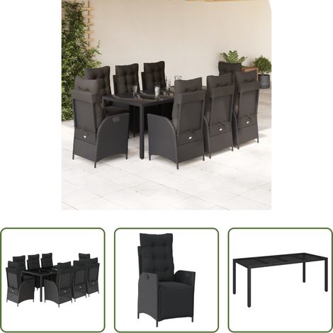 vidaXL Gartentisch - 9-tlg. Garten-Essgruppe mit Kissen Schwarz Poly Rattan (1/5)