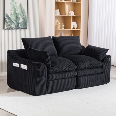 Divano 2 posti in corduroy nero 191x94x85 cm con tasche laterali, cuscini inclusi e imbottitura a 3 strati (1/5)