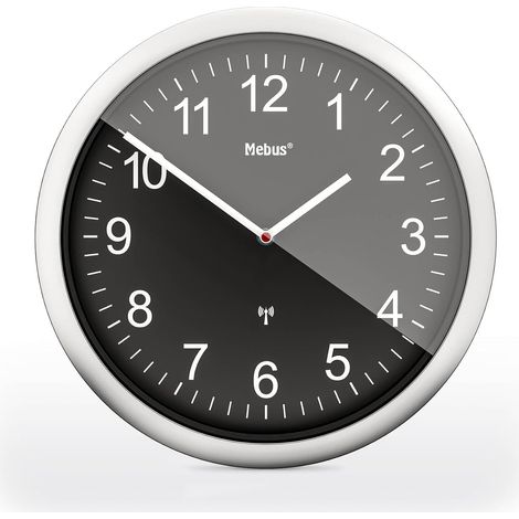 Mebus Horloge Murale Radio-pilotée 26 cm silencieuse Facile à Lire Cadre argenté Cadran Noir Modèle 19812 – Clair et Silencieux – Noir (1/5)