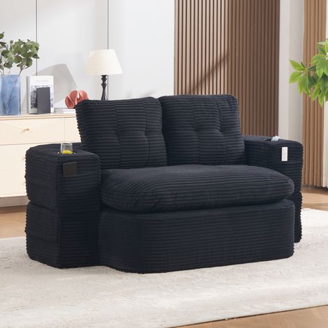 Canapé convertible 2 places en velours côtelé 165x97x61cm Canapé lounge avec accoudoirs amovibles,2 porte-gobelets,assise profonde,noir (1/5)