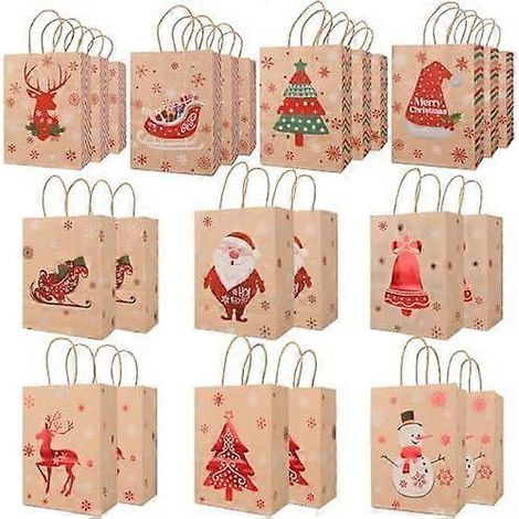 Sacs cadeaux kraft de Noël SENTAIMAO, 24 sacs cadeaux de Noël avec poignée pour emballer les cadeaux et décorer les fêtes de Noël (1/4)