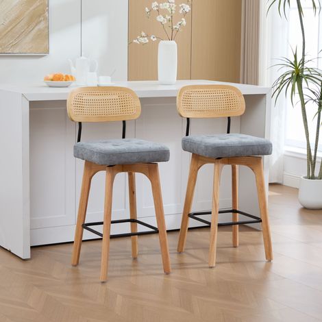 Set de 2 tabourets de bar pivotants 360°, tabourets cuisine et bar avec dossier, dossier en rotin et assise rembourrée, style mid-century moderne, gris, chenille (1/5)
