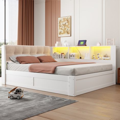 Lit banquette 140x200 cm avec tiroirs, lit de jour avec LED dimmable, étagère et port USB, canapé-lit en bois de pin, sans matelas, blanc (1/5)