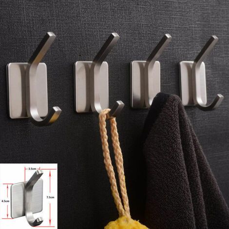 Pair Crochets porte-serviettes, crochets 3M, crochets adhésifs pour salle de bain, crochets porte-serviettes muraux auto-adhésifs en acier inoxydable brossé, lot de 4