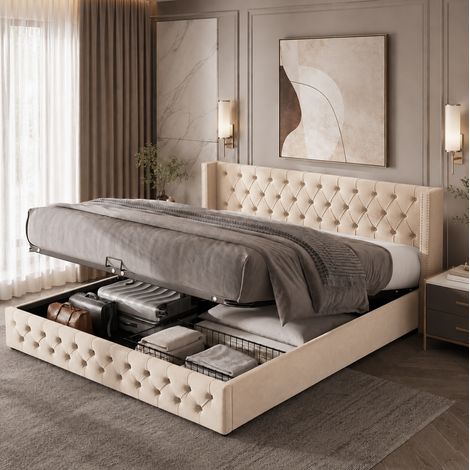 Cama con arcón 160x200 cm terciopelo beige, cabecero, espacio extra, sin colchón – MEUBLIV (1/5)