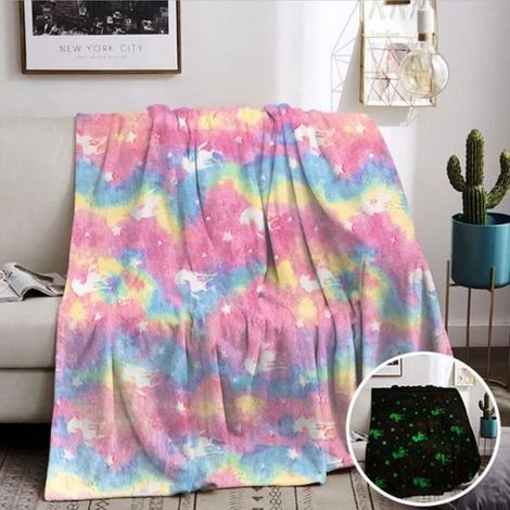Couverture douillette pour enfant - Moelleuse - Pour fille et enfant - Motif licorne arc-en-ciel - Brille dans le noir (120 x (1/4)