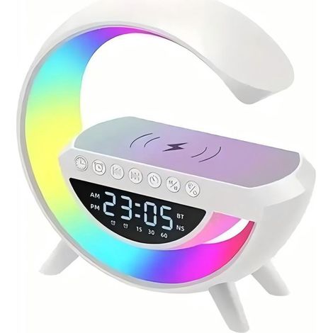 Enceinte Bluetooth 15 W avec charge sans fil - Réveil avec lumières LED RGB - Blanc